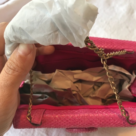 Hot Pink Python and Straw Bag w/ Chain Handle - Picture 6 of 6